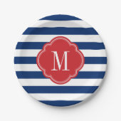 Monogram rode witte en blauwe patriottische strepe papieren bordje (Voorkant)