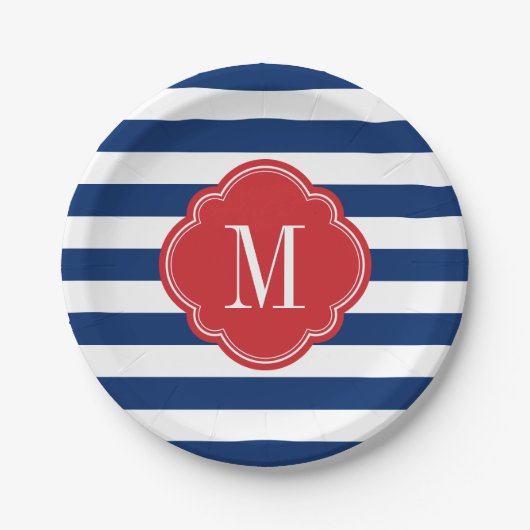 Monogram rode witte en blauwe patriottische strepe papieren bordje (Voorkant)