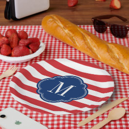 Monogram rode witte en blauwe patriottische strepe papieren bordje