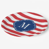 Monogram rode witte en blauwe patriottische strepe papieren bordje (Gekanteld)