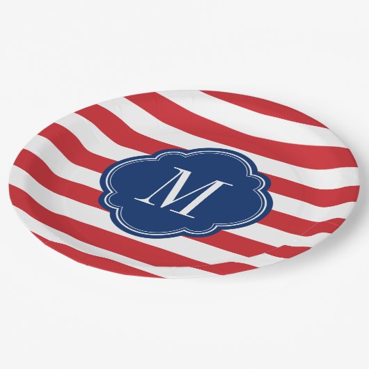 Monogram rode witte en blauwe patriottische strepe papieren bordje (Gekanteld)