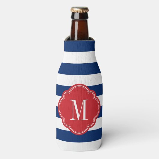 Monogram rode witte en blauwe strepen flesjeskoeler (Fles Voorkant)