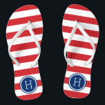 Monogram rode witte en blauwe strepen teenslippers<br><div class="desc">Aangepast gedrukte flip flop sandalen met een preppy nautical stripe patroon en uw aangepaste monogram of andere tekst in een cirkelvormig lijst. Klik aanpassen het om tekstdoopvonten en kleuren te veranderen of uw eigen afbeeldingen toe te voegen om unieke één van een soortontwerp te creëer!</div>