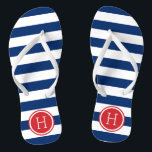 Monogram rode witte en blauwe strepen teenslippers<br><div class="desc">Aangepast gedrukte flip flop sandalen met een preppy nautical stripe patroon en uw aangepaste monogram of andere tekst in een cirkelvormig lijst. Klik aanpassen het om tekstdoopvonten en kleuren te veranderen of uw eigen afbeeldingen toe te voegen om unieke één van een soortontwerp te creëer!</div>