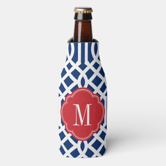 Monogram rode witte en blauwe Trellis Flesjeskoeler (Fles Voorkant)