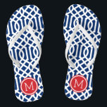 Monogram rode witte en blauwe Trellis Teenslippers<br><div class="desc">Aangepast afgedrukte flip flop sandalen met een stijlvol,  modern patroon en uw aangepaste monogram of andere tekst in een cirkelvormig lijst. Klik aanpassen het om tekstdoopvonten en kleuren te veranderen of uw eigen afbeeldingen toe te voegen om unieke één van een soortontwerp te creëer!</div>