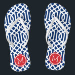 Monogram rode witte en blauwe Trellis Teenslippers<br><div class="desc">Aangepast afgedrukte flip flop sandalen met een stijlvol,  modern patroon en uw aangepaste monogram of andere tekst in een cirkelvormig lijst. Klik aanpassen het om tekstdoopvonten en kleuren te veranderen of uw eigen afbeeldingen toe te voegen om unieke één van een soortontwerp te creëer!</div>