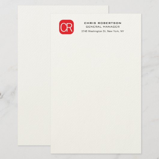 Monogram Rode Witte Professionele Effen Briefpapier (Voorkant / Achterkant)