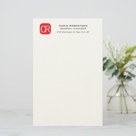 Monogram Rode Witte Professionele Effen Briefpapier (Staand voorkant)