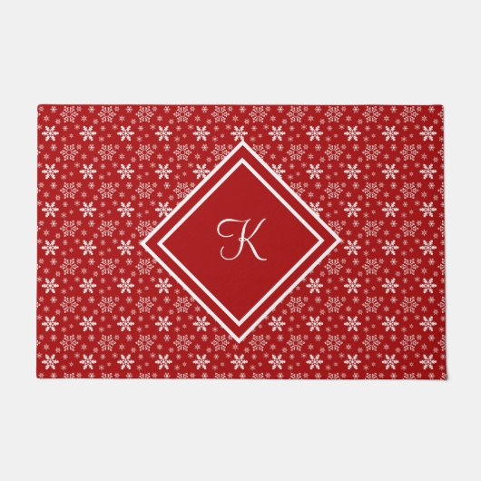 Monogram Rode Witte Sneeuwvlok Winter Vakantie Deurmat (Voorkant)