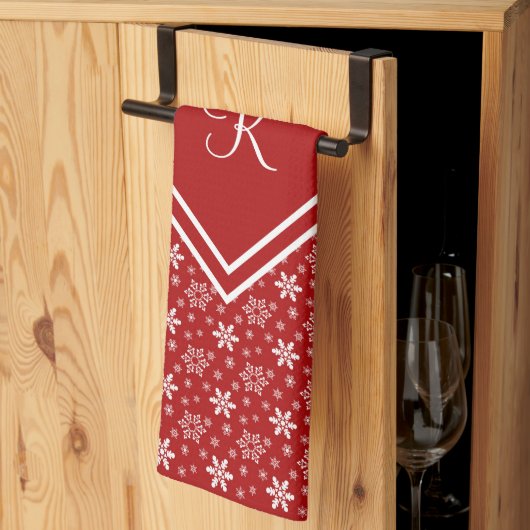 Monogram Rode Witte Sneeuwvlok Winter Vakantie Theedoek (Derde Gevouwen)