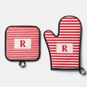 Monogram Rode/Witte Strepen Ovenwant & Pannenlap Set (Voorkant)