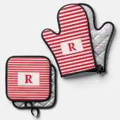 Monogram Rode/Witte Strepen Ovenwant & Pannenlap Set (Voorkant / Achterkant)
