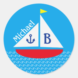 Monogram Rode zeilboot Marine Nautisch Blauw Zee Ronde Sticker