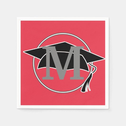 Monogram Rode Zwarte Afstudeerhoed Feest Servet (Voorkant)