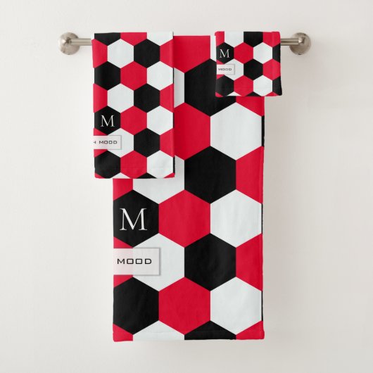 Monogram rode, zwarte en witte hexagons bad handdoek (Insitu)