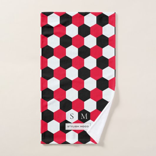 Monogram rode, zwarte en witte hexagons bad handdoek (Handdoek)