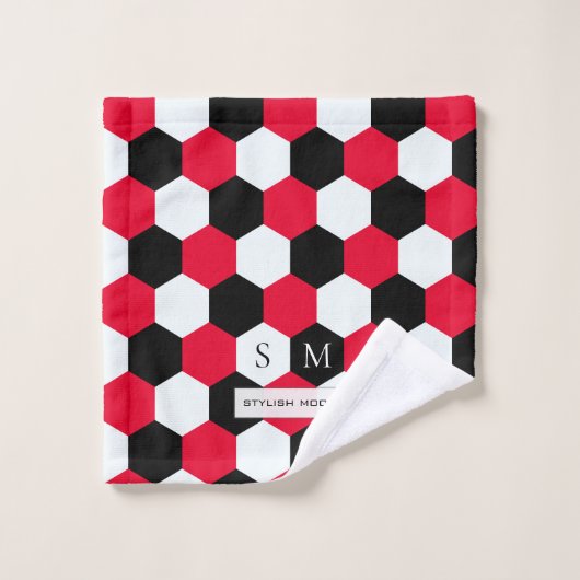 Monogram rode, zwarte en witte hexagons bad handdoek (Wasdoekje)