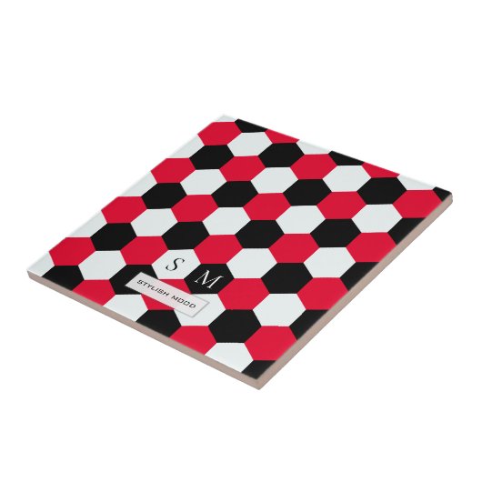 Monogram rode, zwarte en witte hexagons tegeltje (Zijkant)