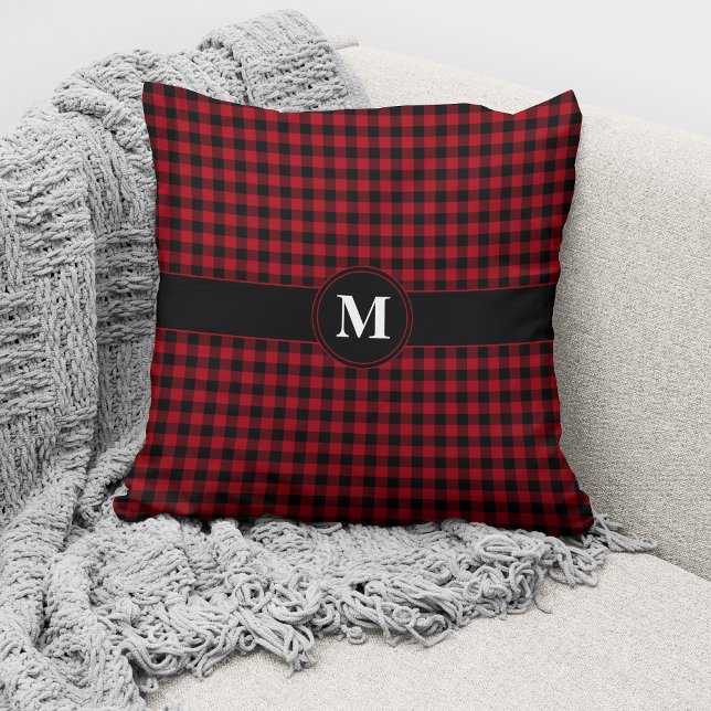 Monogram Rode & Zwarte Gingham Geruite Patroon Kussen (Creator heeft geüpload)