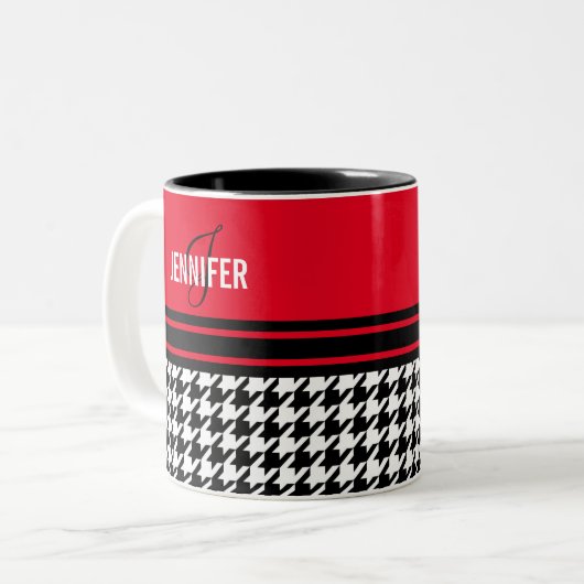 Monogram rode zwarte witte haarkleurstof tweekleurige koffiemok (Voorkant links)