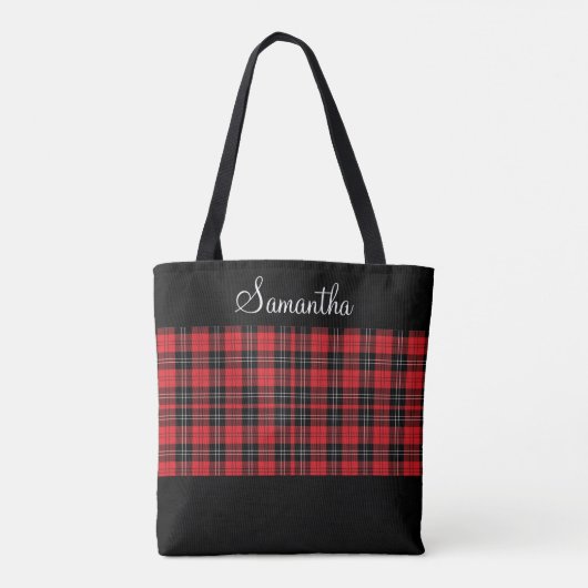 Monogram Rode Zwarte Witte Tartan Buffalo Plaid  Tote Bag (Achterkant)