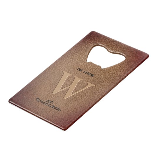 Monogram roestbruin leder stijlvolle scriptnaam creditkaart flessenopener (Voorkant Gekanteld)