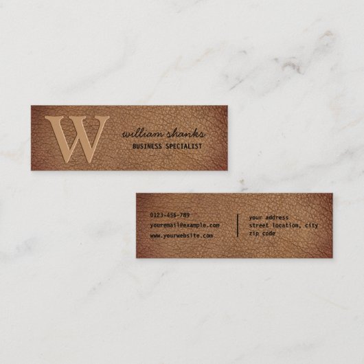 Monogram roestig zwart script bruin leer mini visitekaartje (Voorkant / Achterkant)