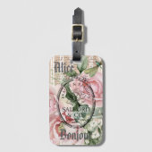Monogram Romantic French roses Pink Ephemera Bagagelabel (Voorkant (verticaal))