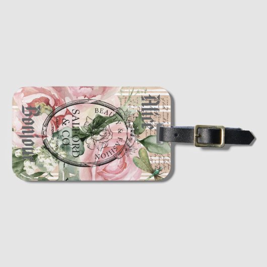 Monogram Romantic French roses Pink Ephemera Bagagelabel (Voorkant (horizontaal))