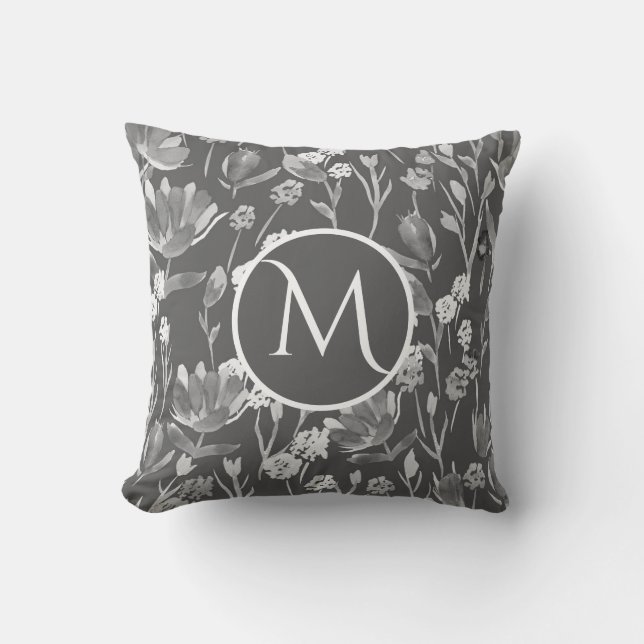 Monogram Romantic Gray Feminine Floral Kussen (Voorkant)