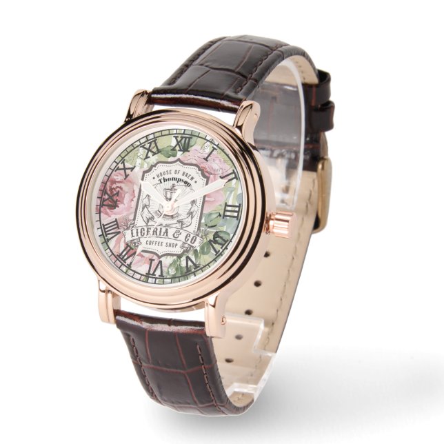 Monogram romantic pink and green botanical French Horloge (Hoek)