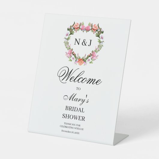 Monogram Romantisch Roos Floral Heart Vrijgezellen Reclamebord Met Voetstuk (Voorkant)