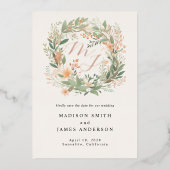 Monogram Romantische lente bloemenkrans bruiloft Folie Uitnodiging (Voorkant)