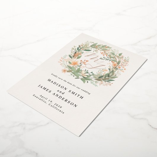 Monogram Romantische lente bloemenkrans bruiloft Folie Uitnodiging (Gedraaid)