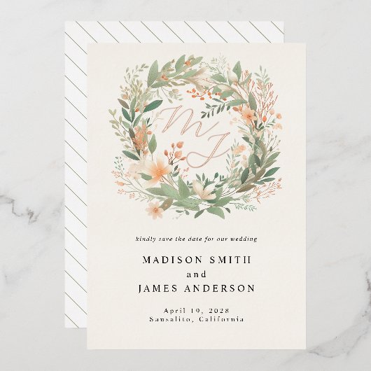 Monogram Romantische lente bloemenkrans bruiloft Folie Uitnodiging (Voorkant / Achterkant)