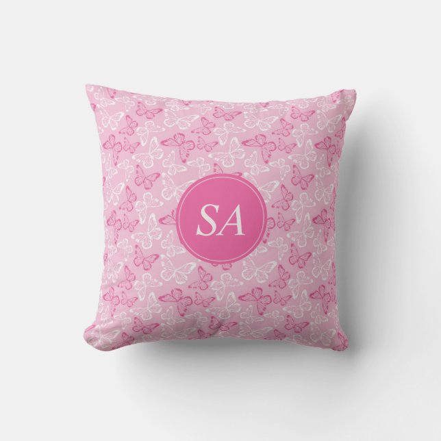 Monogram Romantische Roze en Witte Vlinders Kussen (Voorkant)