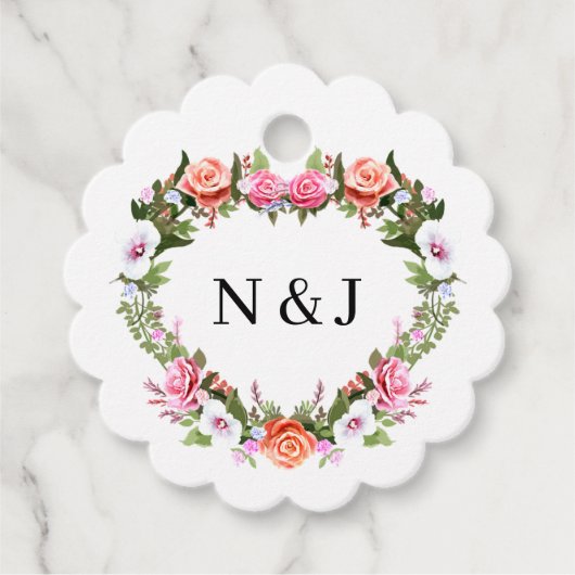 Monogram Romantische Rozen Bloemhart Bedankjes Labels (Voorkant)