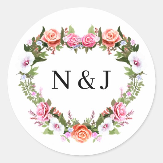 Monogram Romantische Rozen Bloemhart Trouwzegel Ronde Sticker (Voorkant)