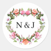 Monogram Romantische Rozen Bloemhart Weddingzegel Ronde Sticker (Voorkant)
