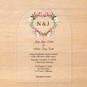 Monogram Romantische Rozen Floral Heart Acryl Uitnodigingen (Voorkant)