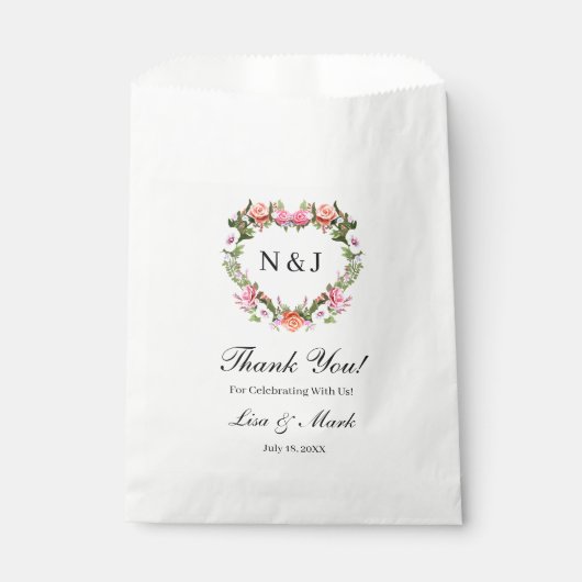 Monogram Romantische Rozen Floral Heart Bedankzakje (Voorkant)