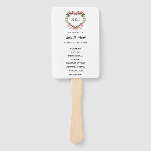 Monogram Romantische Rozen Floral Heart Handwaaier (Voorkant)