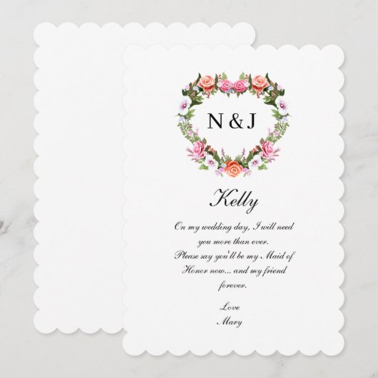 Monogram Romantische Rozen Floral Heart Maid of Ho Kaart (Voorkant / Achterkant)