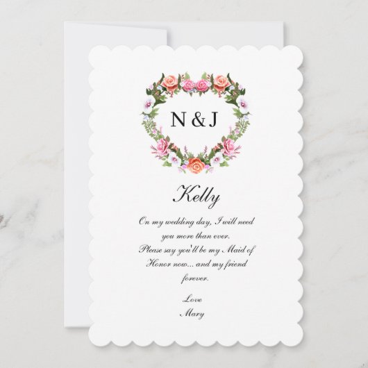 Monogram Romantische Rozen Floral Heart Maid of Ho Kaart (Voorkant)
