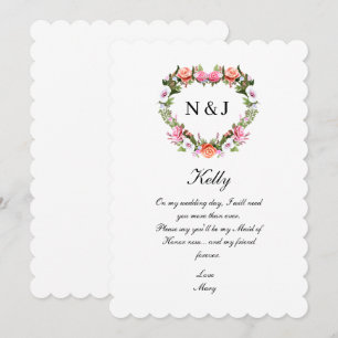 Monogram Romantische Rozen Floral Heart Maid of Ho Kaart