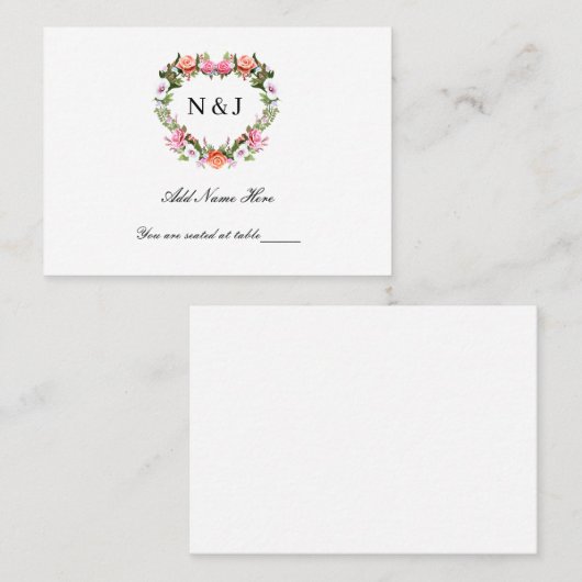 Monogram Romantische Rozen Floral Heart Plaatskaartje (Voorkant / Achterkant)