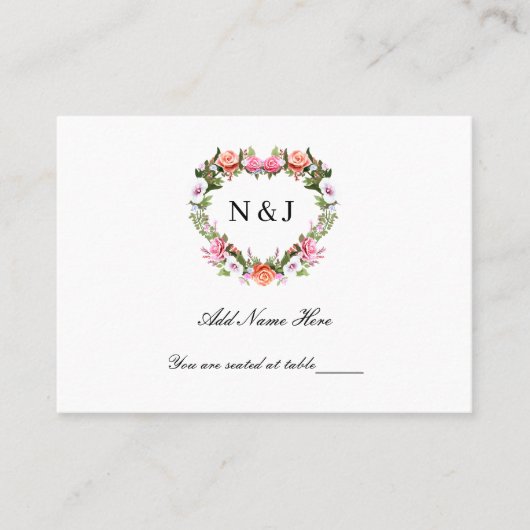 Monogram Romantische Rozen Floral Heart Plaatskaartje (Voorkant)