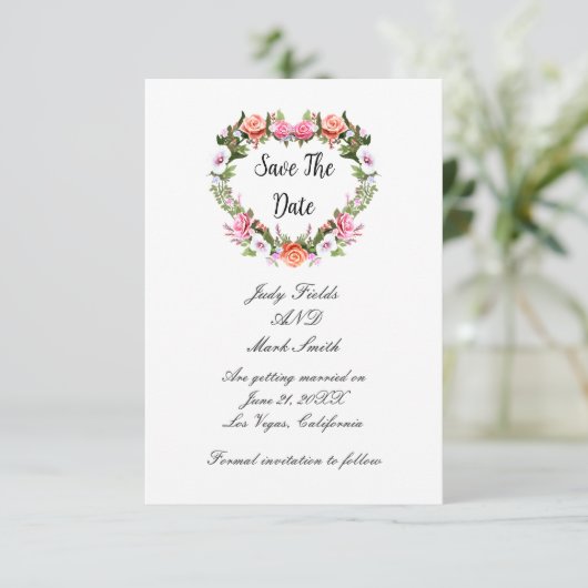 Monogram Romantische Rozen Floral Heart Save The D Save The Date (Staand voorkant)