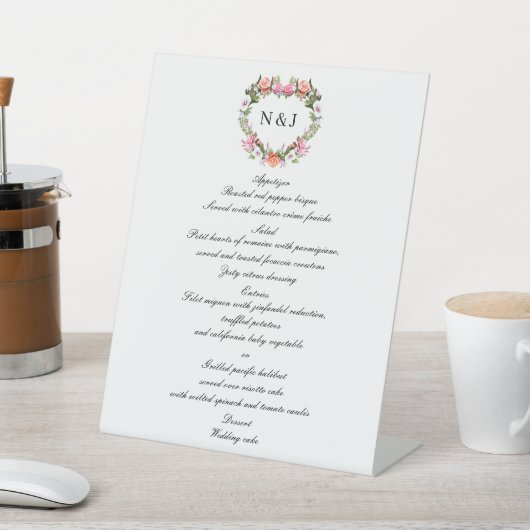 Monogram Romantische Rozen Floral Heart Wedding Me Reclamebord Met Voetstuk (Insitu)